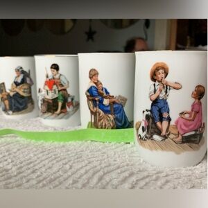Norman Rockwell Vintage White Mugs Set with Colorful Illustrations and a story